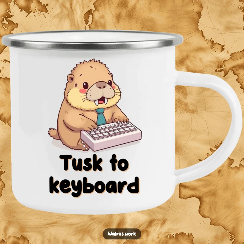 Funny camping mug with a fluffy walrus wearing a tie, typing excitedly on a miniature keyboard, perfect for outdoor drinks.