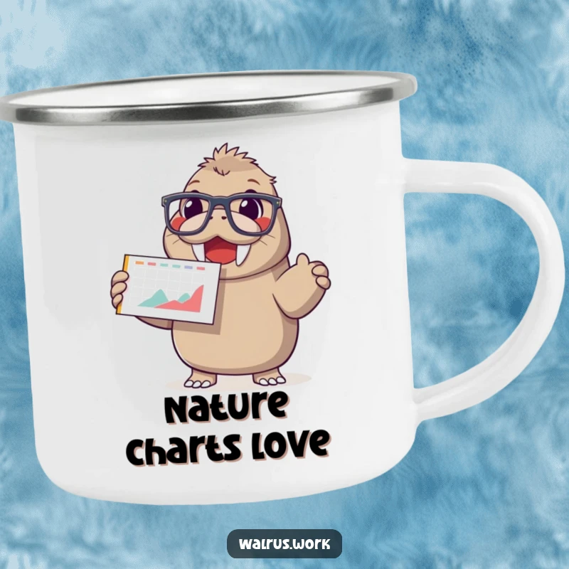 Funny camping mug featuring a happy walrus wearing oversized glasses, enthusiastically presenting a chart with a smiling face.