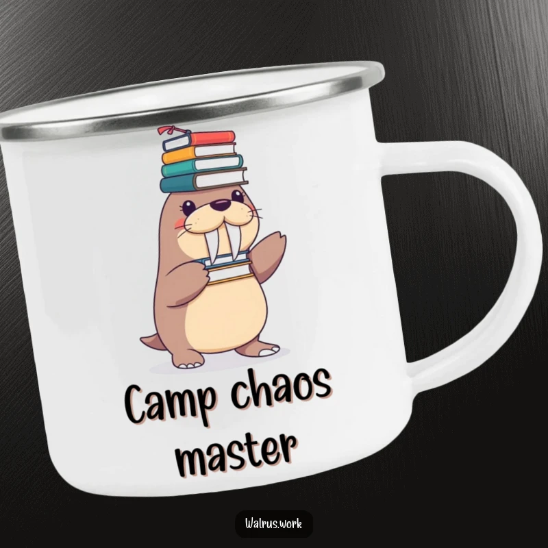 Funny camping mug showing a playful walrus character balancing a precarious tower of office supplies on its flippers.