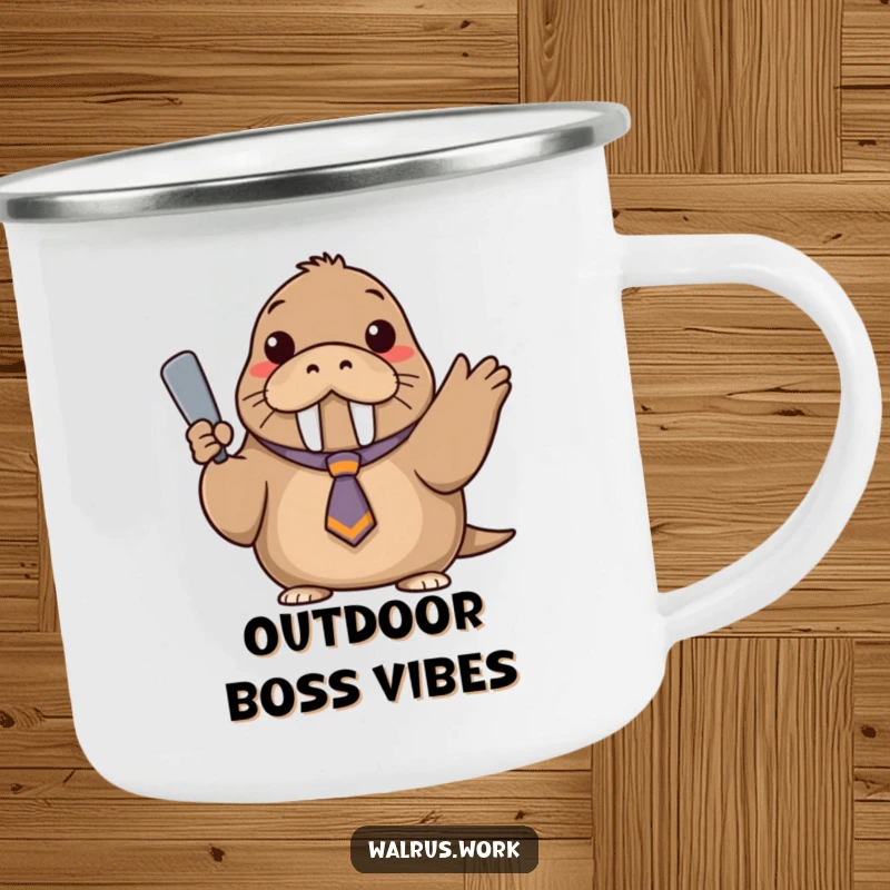 Funny enamel camping mug with a walrus wearing a tiny, askew tie, confidently gesturing with a flipper.