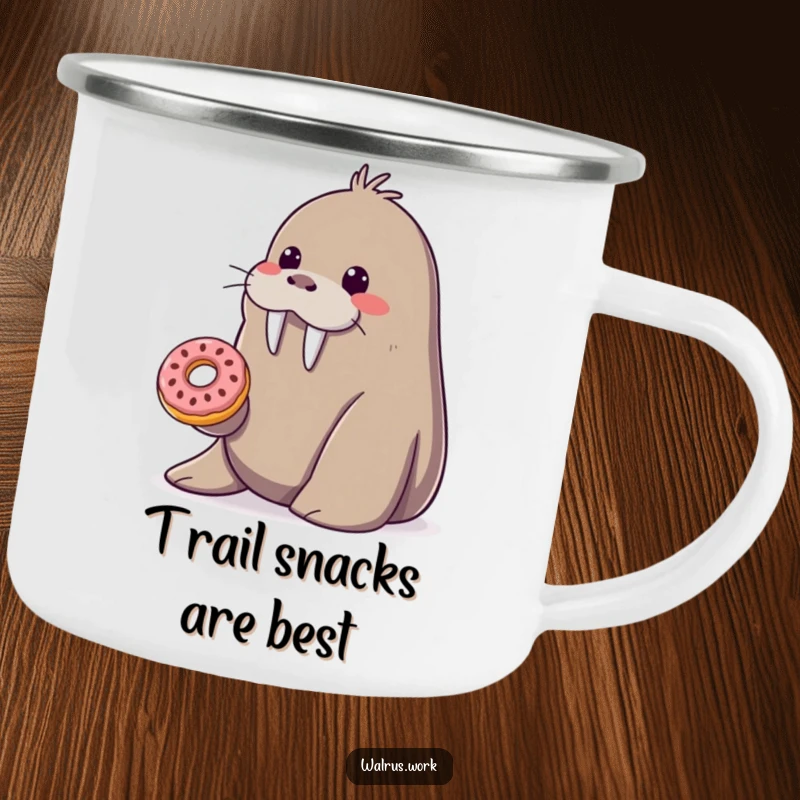 Funny smiling walrus camping mug offering a tiny donut from its flipper, a sweet and rugged funny gift.