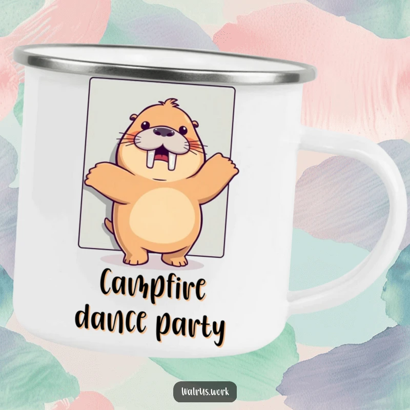 Funny happy dance walrus camping mug showing a joyful walrus dancing behind an office cubicle, a rugged funny gift.
