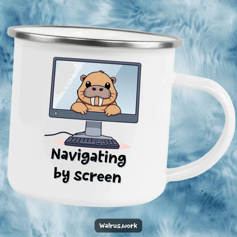 Funny camping mug featuring a walrus peeking over a large computer monitor, blending tech humor with outdoor practicality.