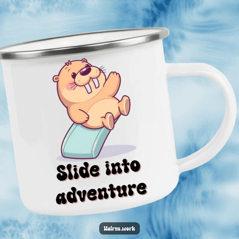 Funny camping mug with a delighted walrus sliding down a miniature office slide, perfect for enjoying beverages during outdoor fun.