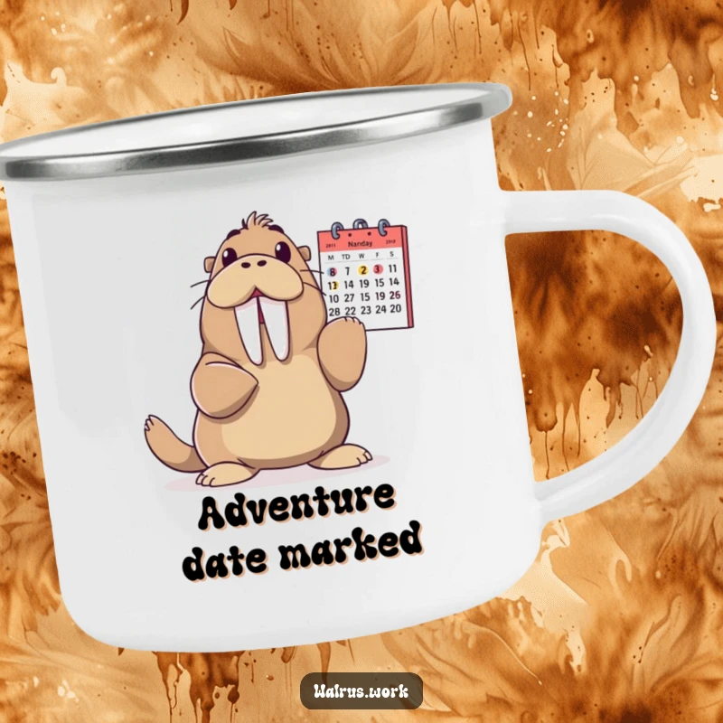 Funny Walrus Camping Mug: A walrus gleefully points to a calendar, celebrating outdoor plans with this humorous and durable mug.