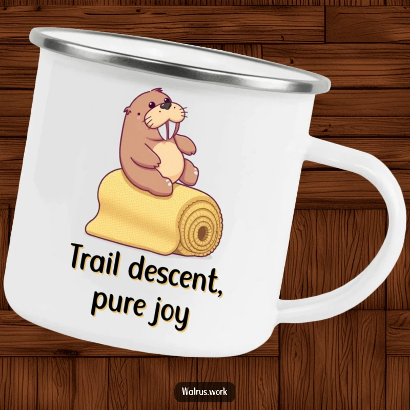 Funny walrus sliding down a rolled office carpet bannister, durable camping mug.