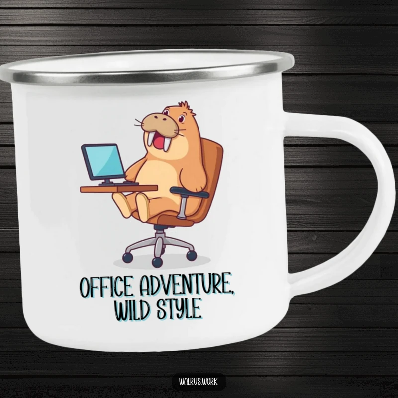 Funny camping mug featuring a walrus gleefully riding an office chair, ideal for outdoor breaks and hot beverages.