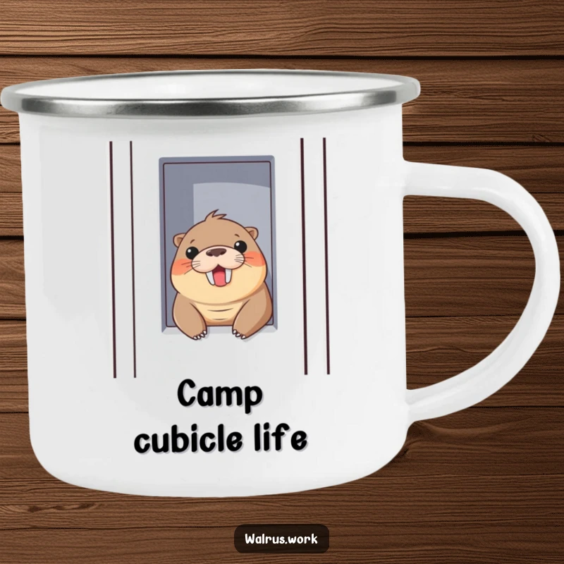 Funny camping mug with a walrus peeking out of a cubicle with a cheerful smile, perfect for office humor outdoors.