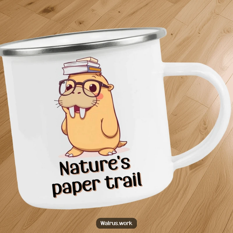 Funny enamel camping mug with a smiling walrus wearing glasses, balancing a stack of papers on its nose, ready for outdoor humor.