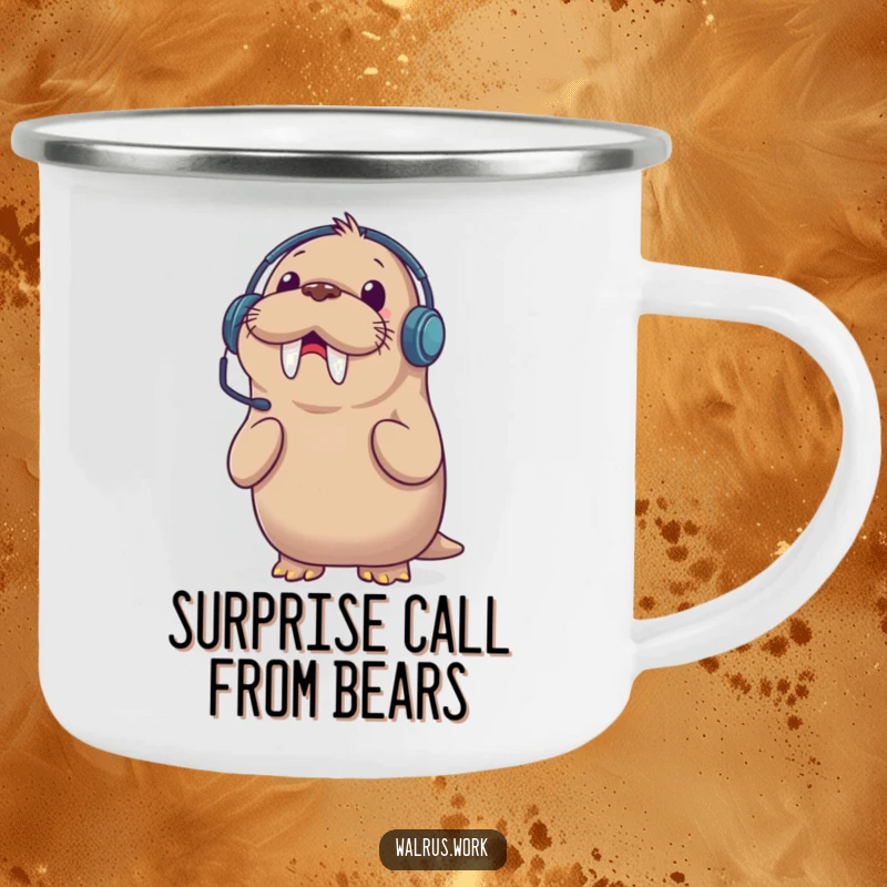 Funny camping mug with a surprised walrus wearing a headset, ready for calls, perfect for outdoor lovers who appreciate humor.