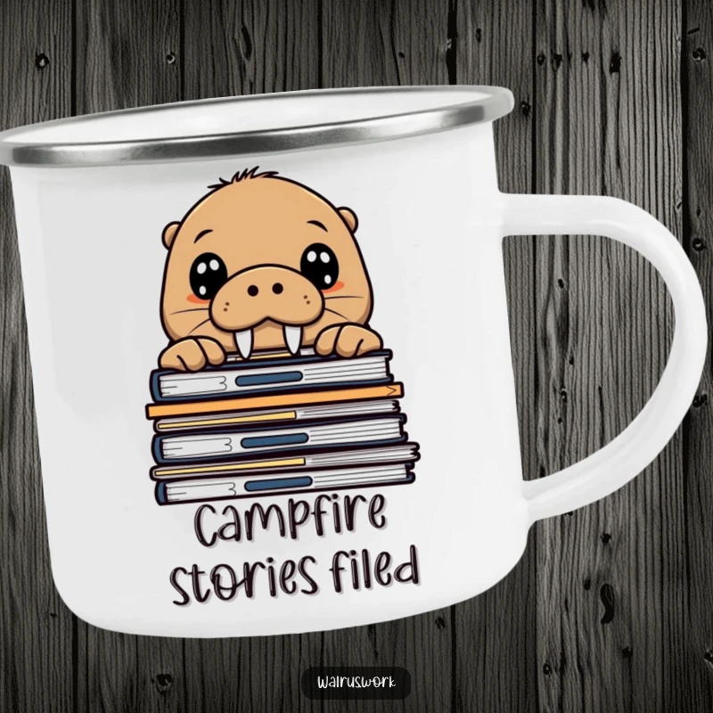 Funny walrus camping mug showing a curious sea mammal peeking over office files, durable and humorous for outdoor enthusiasts.