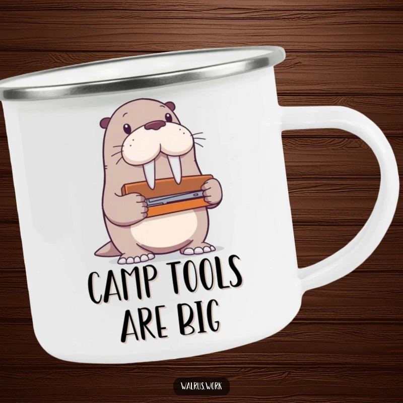 Funny walrus camping mug showing a walrus character struggling comically with a stapler too large for its flippers, perfect for outdoors.
