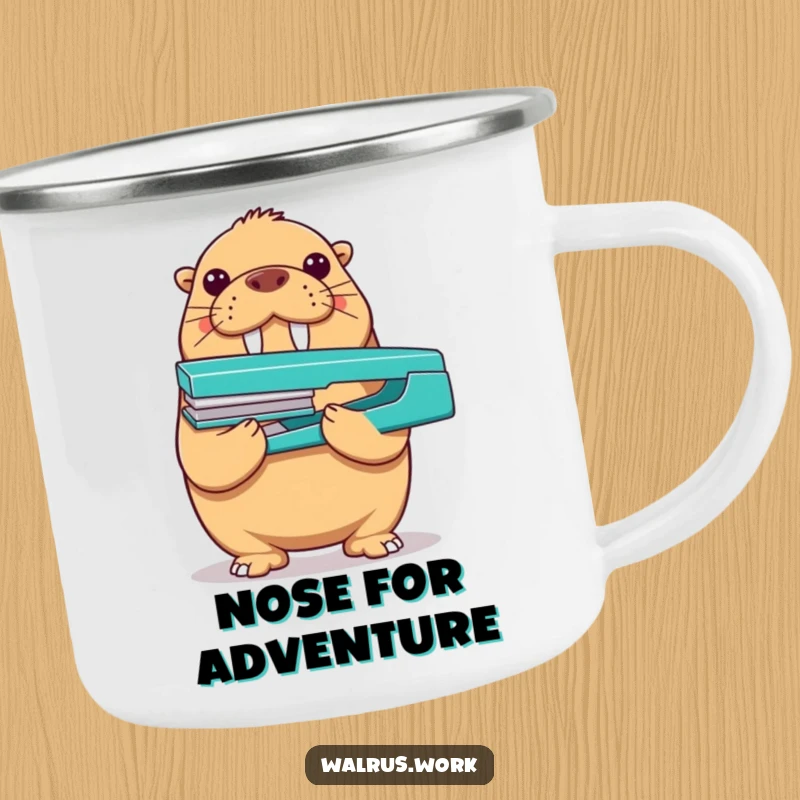 Funny walrus camping mug showing a proud walrus balancing a stapler on its nose, great for outdoor enjoyment and humorous pride.