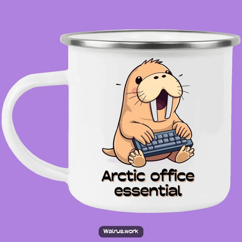 Funny Walrus Typing Camping Mug: Rugged Sea Mammal Adventure Gear, Perfect Outdoor Gift!