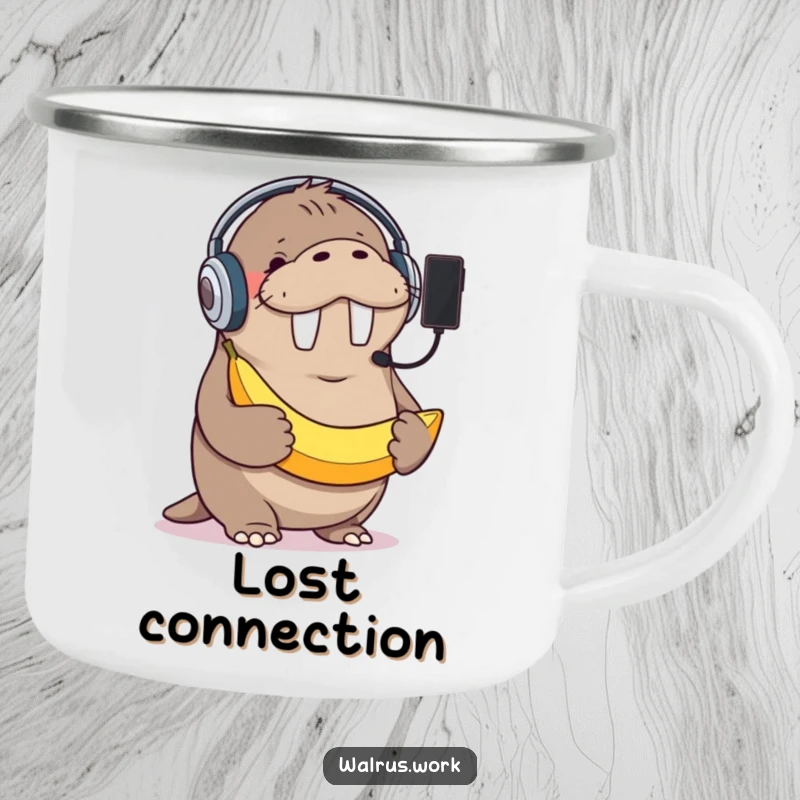 Funny camping mug featuring a giggling walrus with a headset, holding a banana as a phone, perfect for adventurers who enjoy humor.