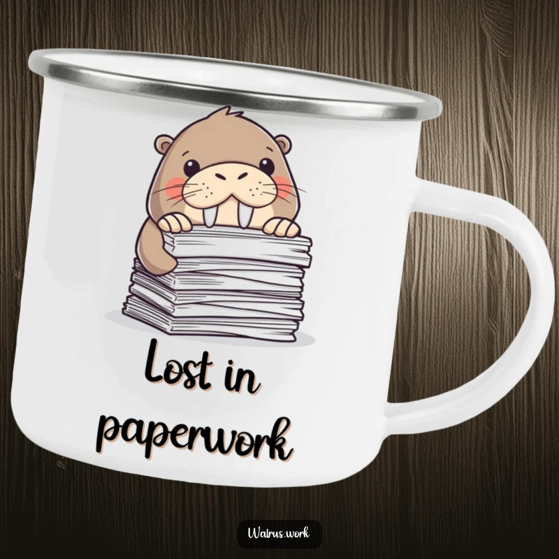 Funny camping mug of a walrus hiding behind papers. Durable and humorous for office dwellers. Great gift.