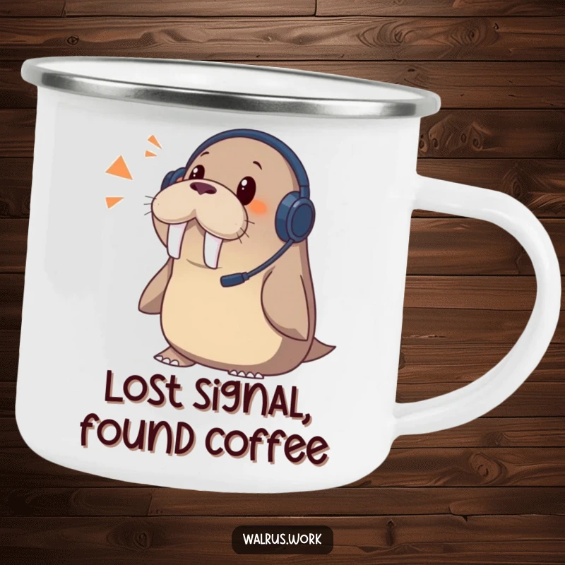 Funny walrus camping mug, an enamel cup with a surprised walrus wearing a headset, ready for outdoor calls.