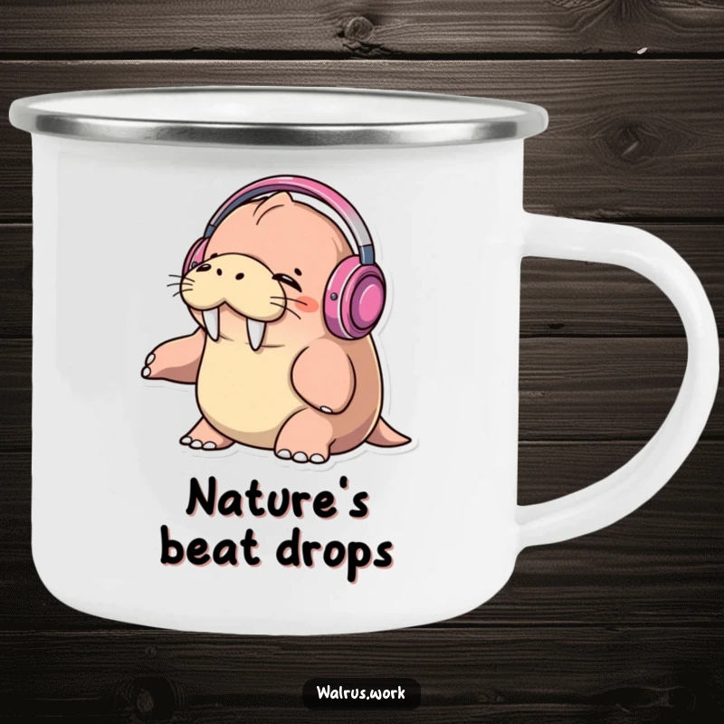 Funny walrus wearing headphones, eyes closed, bopping head to music on a durable camping mug, ready for adventure.