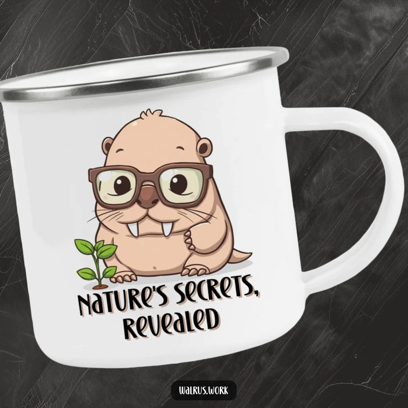 Funny walrus camping mug, a bespectacled walrus studying a tiny sprout, ready for outdoor adventures and morning coffee.