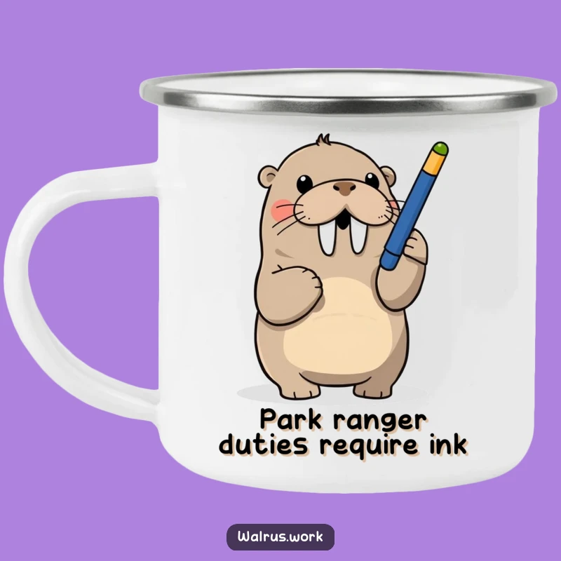 Funny Walrus Camping Mug: Playful Pen Batting Outdoors