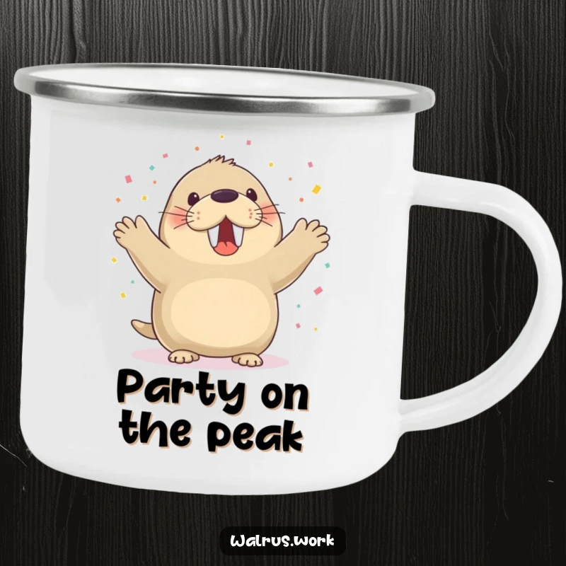 Funny walrus camping mug with a walrus cheering and confetti falling, perfect for outdoors.