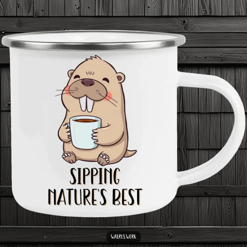Funny camping mug with a cheerful walrus sipping coffee, designed for outdoor enthusiasts who love a good laugh.