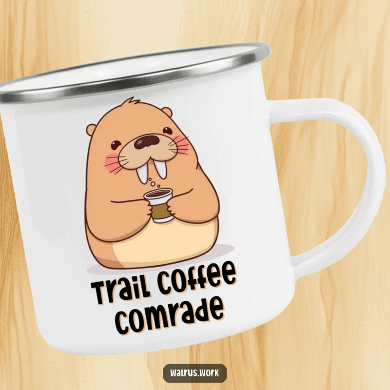 Funny camping mug with a friendly walrus offering a tiny coffee cup, perfect for enjoying beverages during outdoor adventures with pals.