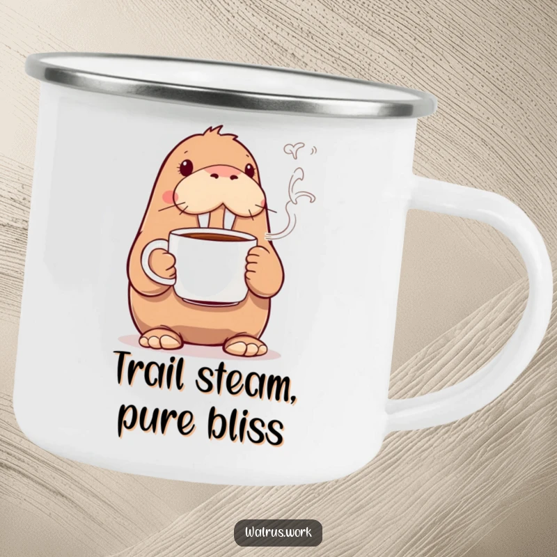Funny walrus camping mug showing a walrus holding a steaming coffee cup, ideal for outdoor enjoyment and humorous sips.