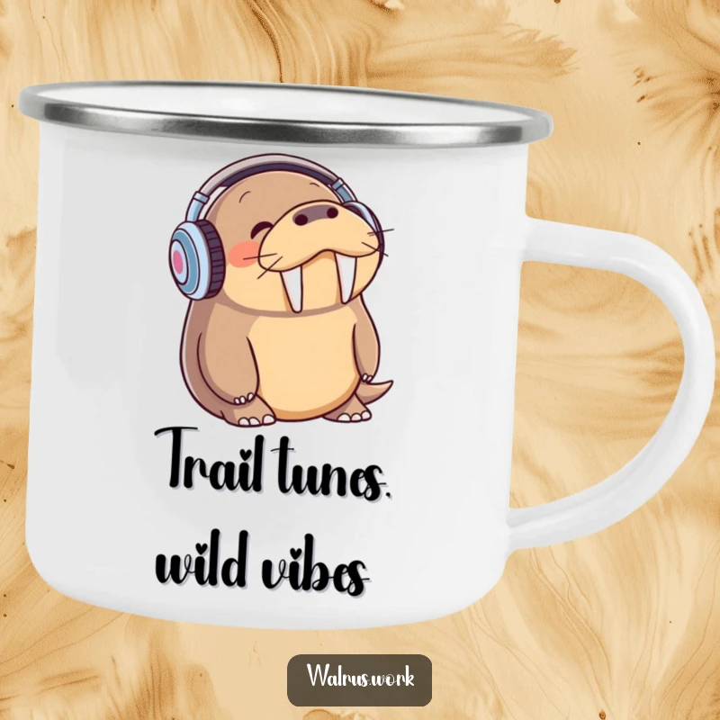 Funny walrus wearing headphones, bopping head, durable camping mug for outdoor adventures.