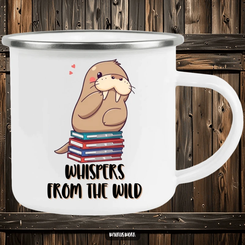 Funny shushing walrus camping mug, a walrus on files, signaling quiet during outdoor adventures, great for coffee or cocoa.