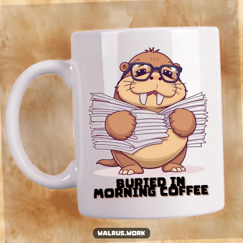 Funny coffee mug showing a walrus with reading glasses comically struggling with a huge stack of papers.