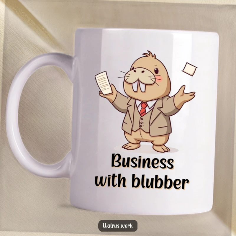 Funny mug with a walrus wearing a tiny suit, expertly juggling many papers with a determined expression, showcasing business humor.