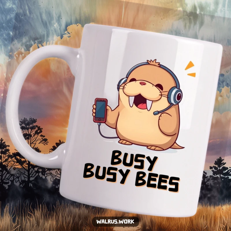 Funny mug featuring a cheerful walrus wearing a headset, energetically talking on a comically small phone, embodying busy communication.