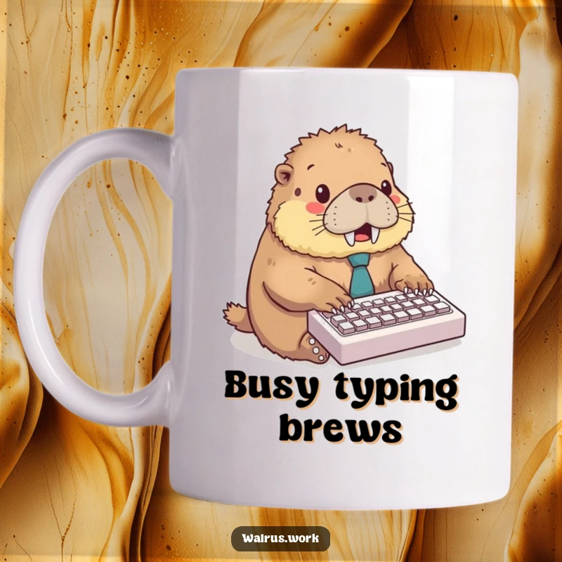 Funny mug with a fluffy walrus wearing a tiny tie, excitedly typing on a miniature keyboard, embodying office hustle.