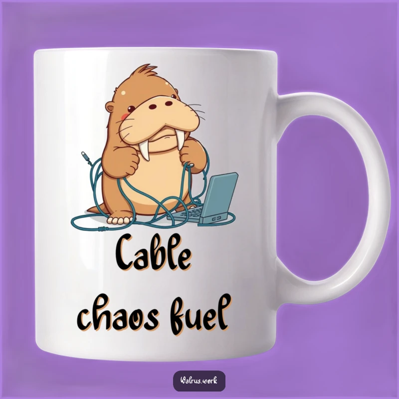 Funny Walrus Tech Struggle Mug: Hilarious Cable Chaos, Perfect Gift!