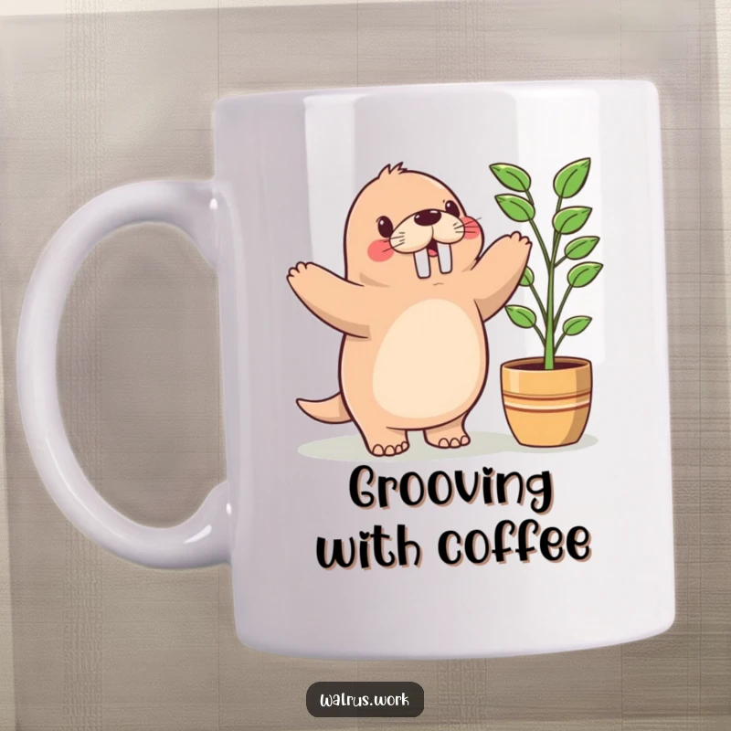 Funny Kawaii walrus mug showing a happy walrus dancing ecstatically next to a thriving potted plant, representing joy and growth.