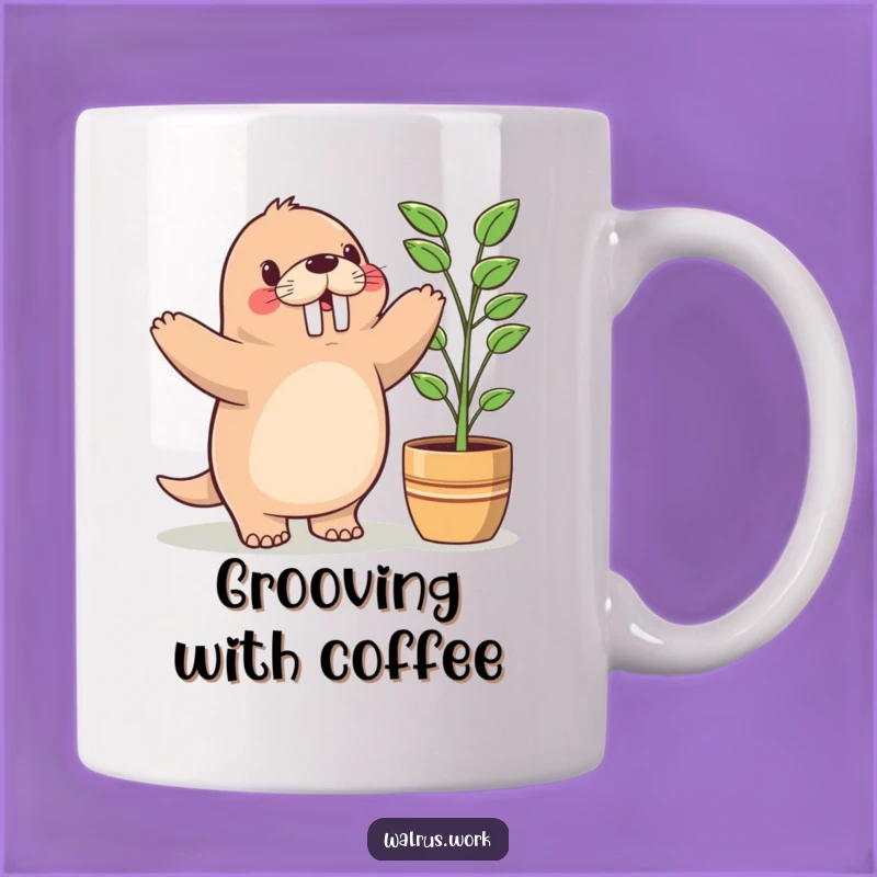 Funny Kawaii Walrus Plant Dance Mug - Hilarious Joyful Greeting Gift!