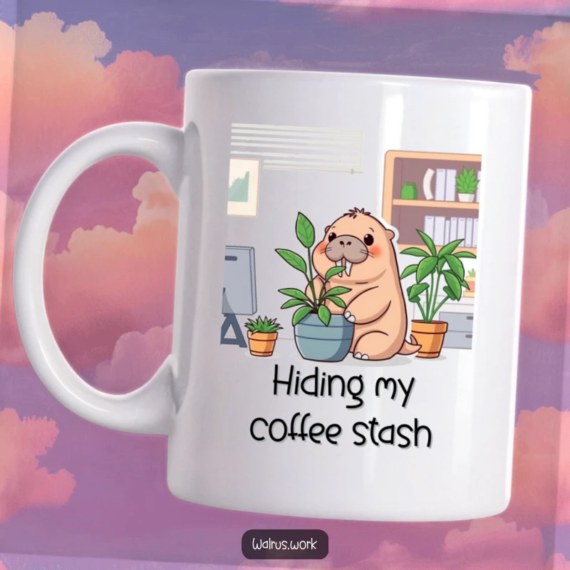 Funny office walrus mug showing a walrus playfully hiding behind a potted plant, conveying work stress humor.