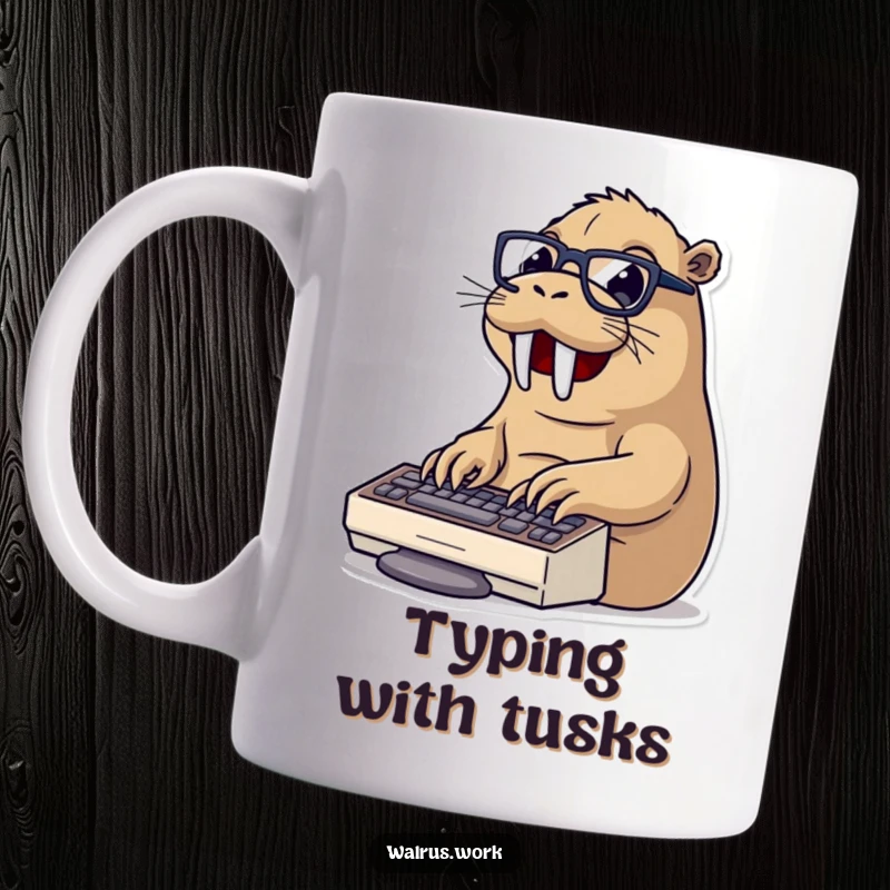 Funny typing walrus mug with a walrus wearing glasses, enthusiastically typing on a computer keyboard, conveying productivity and humor.