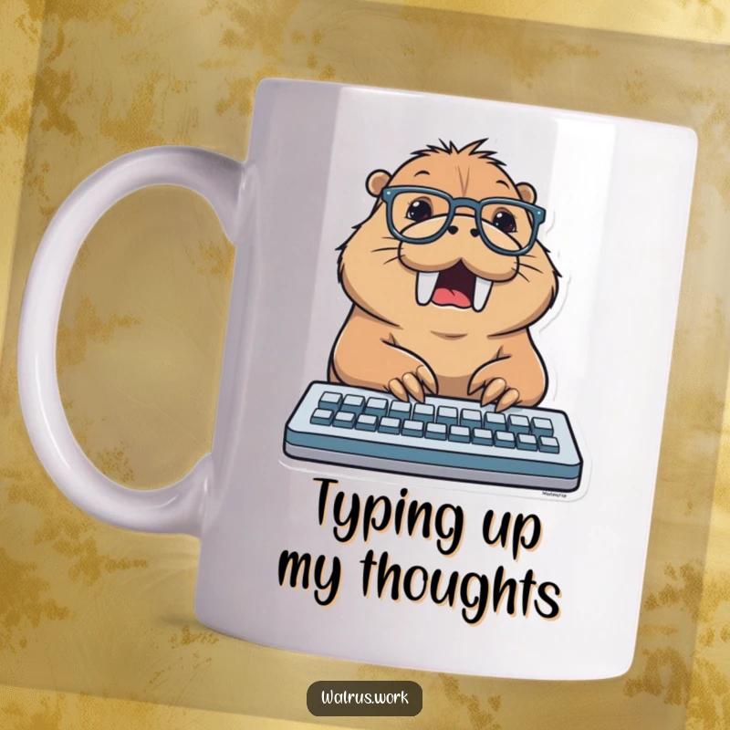 Funny mug with a walrus wearing glasses, excitedly typing on a computer keyboard, showcasing a humorous take on productivity.