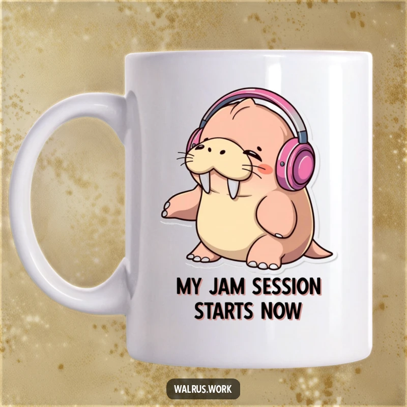 Funny walrus wearing headphones, eyes closed, bopping head to music on a ceramic mug, a cool DJ vibe.