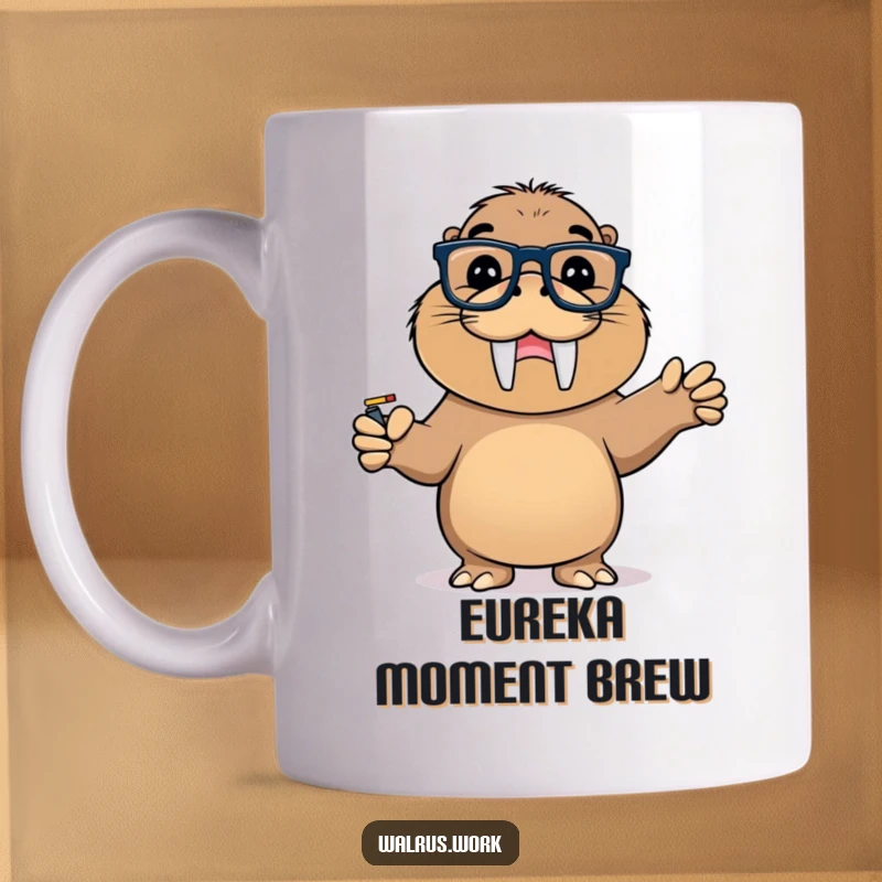 Funny mug of a cute walrus wearing glasses, triumphantly pointing at a whiteboard with a grin, conveying brilliance.