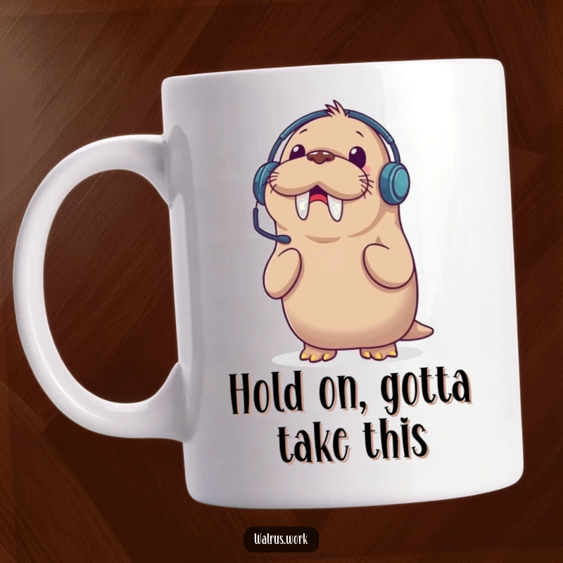 Funny mug featuring a surprised walrus wearing a headset, caught off guard by an unexpected phone call, perfect for office humor.
