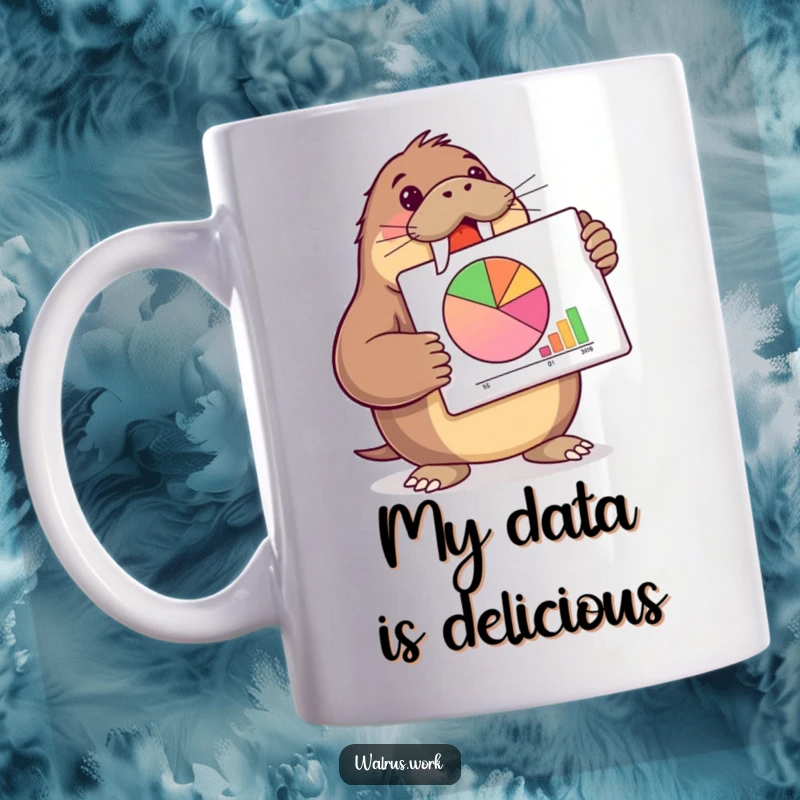 Funny walrus mug with a confident smirk presenting a pie chart, highlighting business humor and presentation absurdity.
