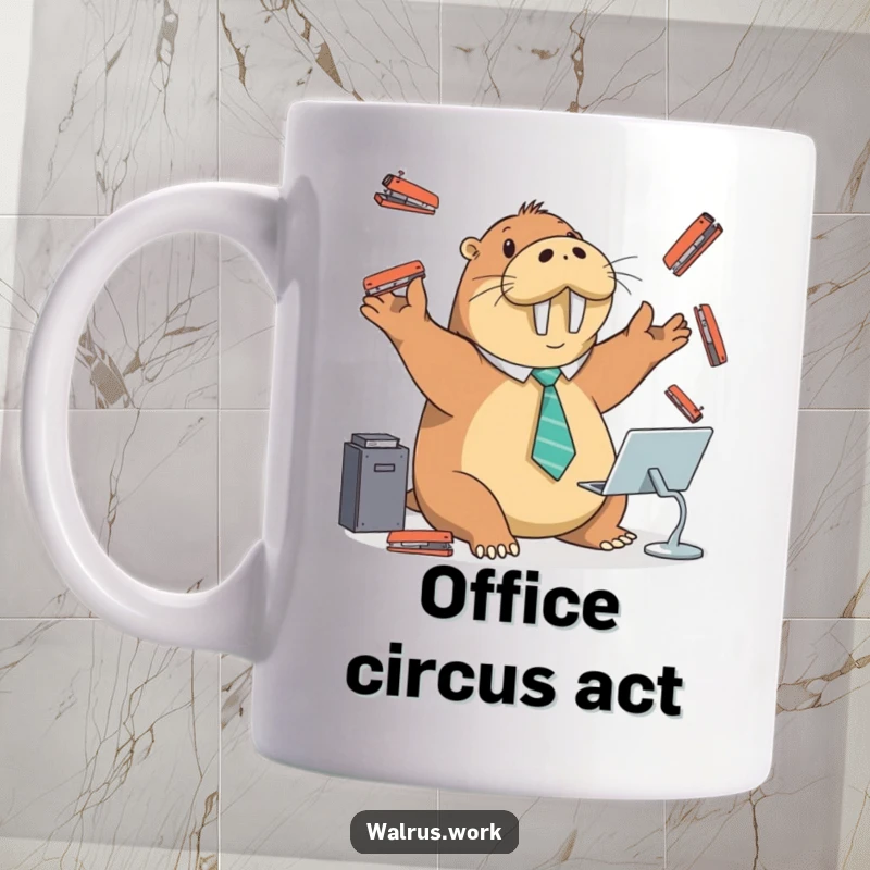 Funny mug of a walrus in a tiny tie playfully juggling staplers at a desk, embodying office chaos.