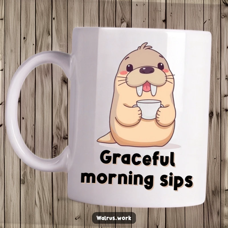 Funny mug with a playful walrus delicately balancing a teacup on its snout, showcasing whimsical elegance and charm.