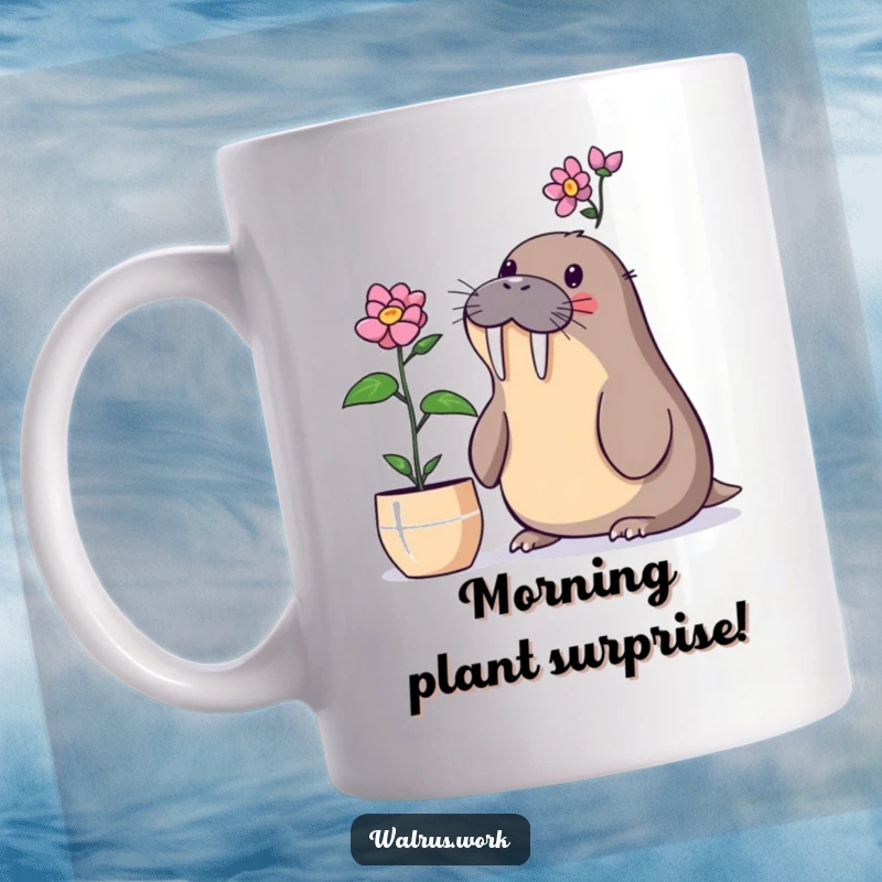 Funny walrus mug showing a walrus surprised by a blooming desk plant, perfect for plant lovers.