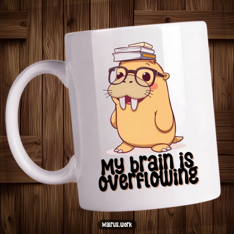 Funny mug with a smiling walrus wearing glasses, expertly balancing a towering stack of papers on its nose, ready for office chaos.