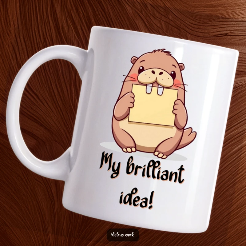 Funny walrus presenter mug, a walrus holding up a colorful sticky note, enthusiastically sharing an idea with a smile.