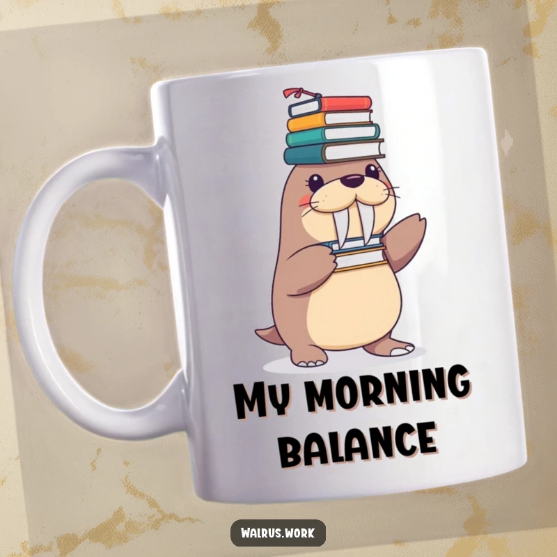 Funny mug featuring a playful walrus character humorously balancing a wobbly tower of office supplies on its flippers.